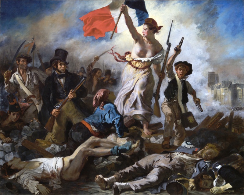 フランス三色旗を掲げた自由の女神が、武器を持つ市民たちを率いてバリケードを越える、ドラクロワの絵画『民衆を導く自由の女神』